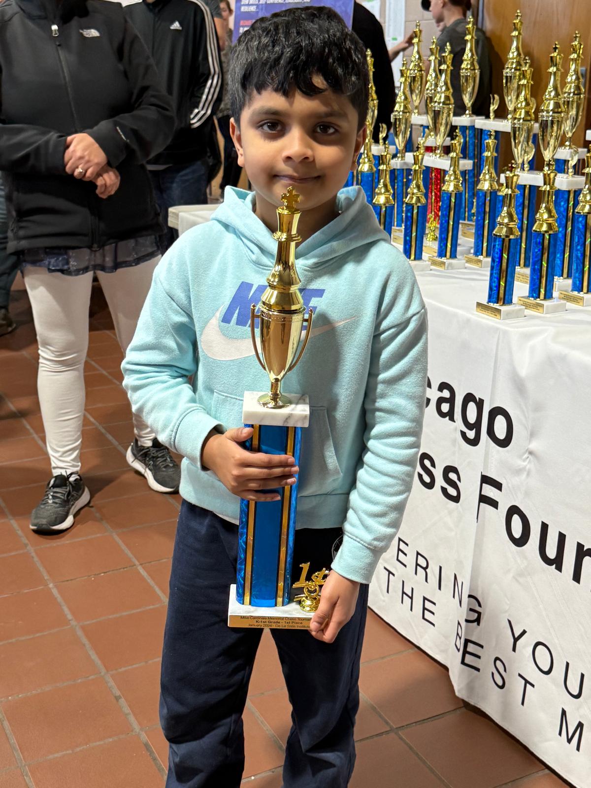 Congratulations Elan!  Elan won 1st Prize in the Mike Cardinal Memorial – K-1 Section, scoring a perfect 5/5!